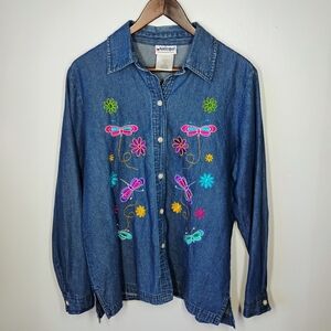 Vtg National Top Womens Large Blue Chambray Floral Butterfly Embroidered Cottage